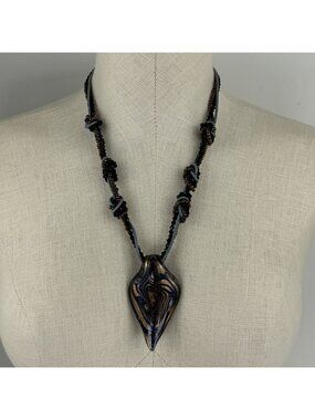 Handcrafted Glass Pendant Necklace Beaded Braided Cord Design Adjustable 21"